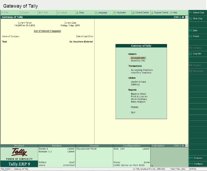 Configuring Tally for fincom - Step 1