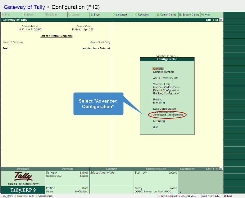 Configuring Tally for fincom - Step 2