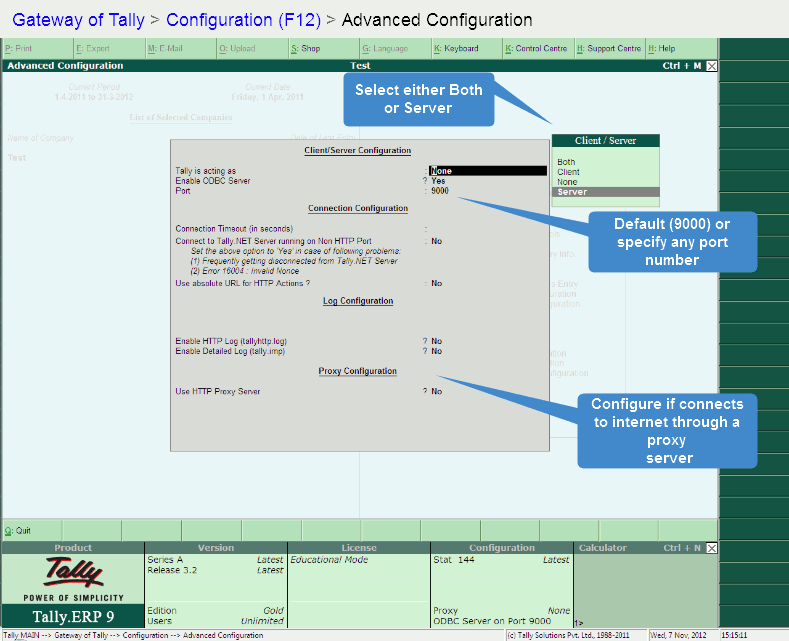 Configuring Tally for fincom - Step 3
