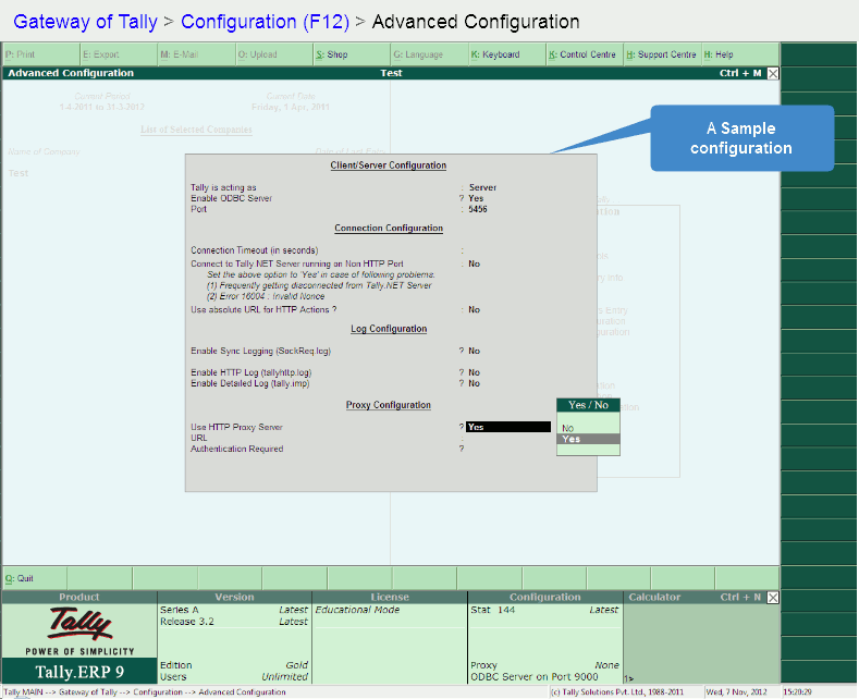 Configuring Tally for fincom - Step 2